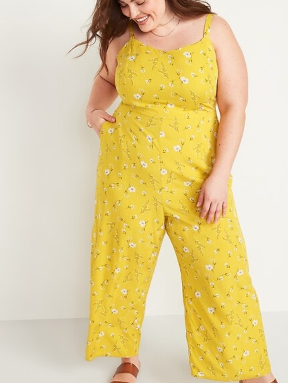 Old Navy yellow floral sleeveless square neck straight leg jumpsuit - Picture 3 of 13